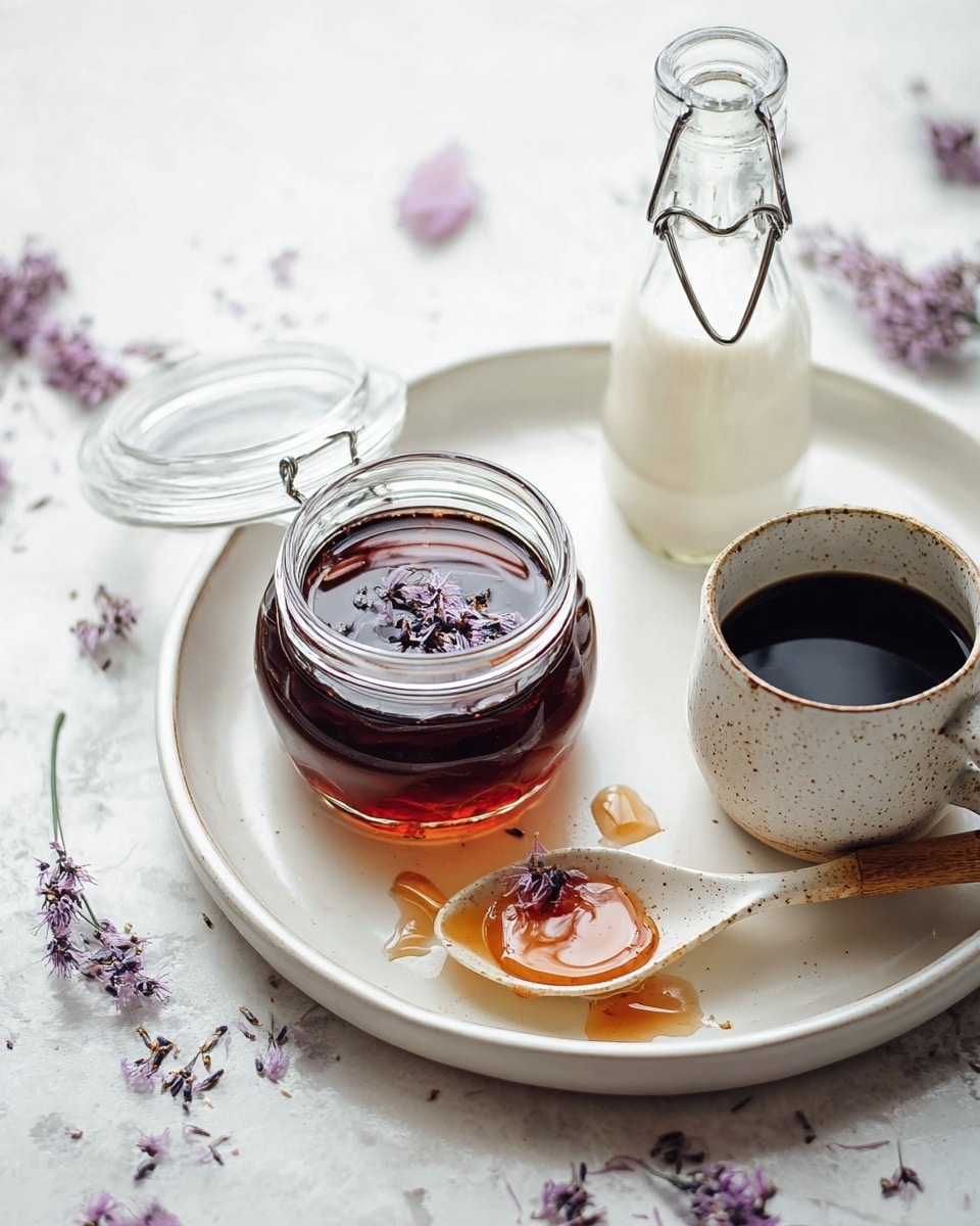 A clear glass jar with an open lid filled with a dark amber liquid, topped with small purple flower petals, sits on a smooth white plate. Next to the jar, a small white ceramic spoon with a light brown handle lies on the plate, holding some light amber liquid with small drops spilled around it. Nearby, there is a small white speckled ceramic cup filled with black coffee, showing a bit of foam on top. A transparent glass bottle with white liquid and a metal clasp is visible in the background, all set on a white marbled surface scattered with small purple flower petals. photo taken with an iphone --ar 4:5 --v 7