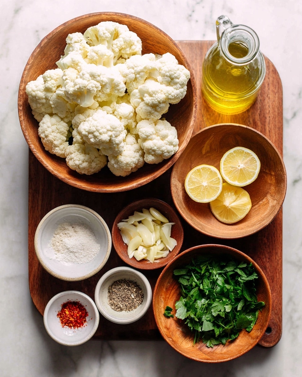 A wooden tray holds six small bowls arranged neatly on a white marbled surface. The largest bowl, placed slightly to the left, is filled with fresh, white cauliflower florets. To its right sits a clear glass bottle filled with golden oil, beside a small wooden bowl containing finely chopped garlic. Below these, a wooden bowl holds two lemon halves showing their juicy, bright yellow inside. Next to it is another wooden bowl with fresh green parsley leaves. A tiny white bowl at the bottom left contains powdered cheese, and next to it, another white bowl has three spices: salt, black pepper, and red chili powder. The scene is bright and clean, with natural lighting highlighting the fresh ingredients. Photo taken with an iphone --ar 4:5 --v 7
