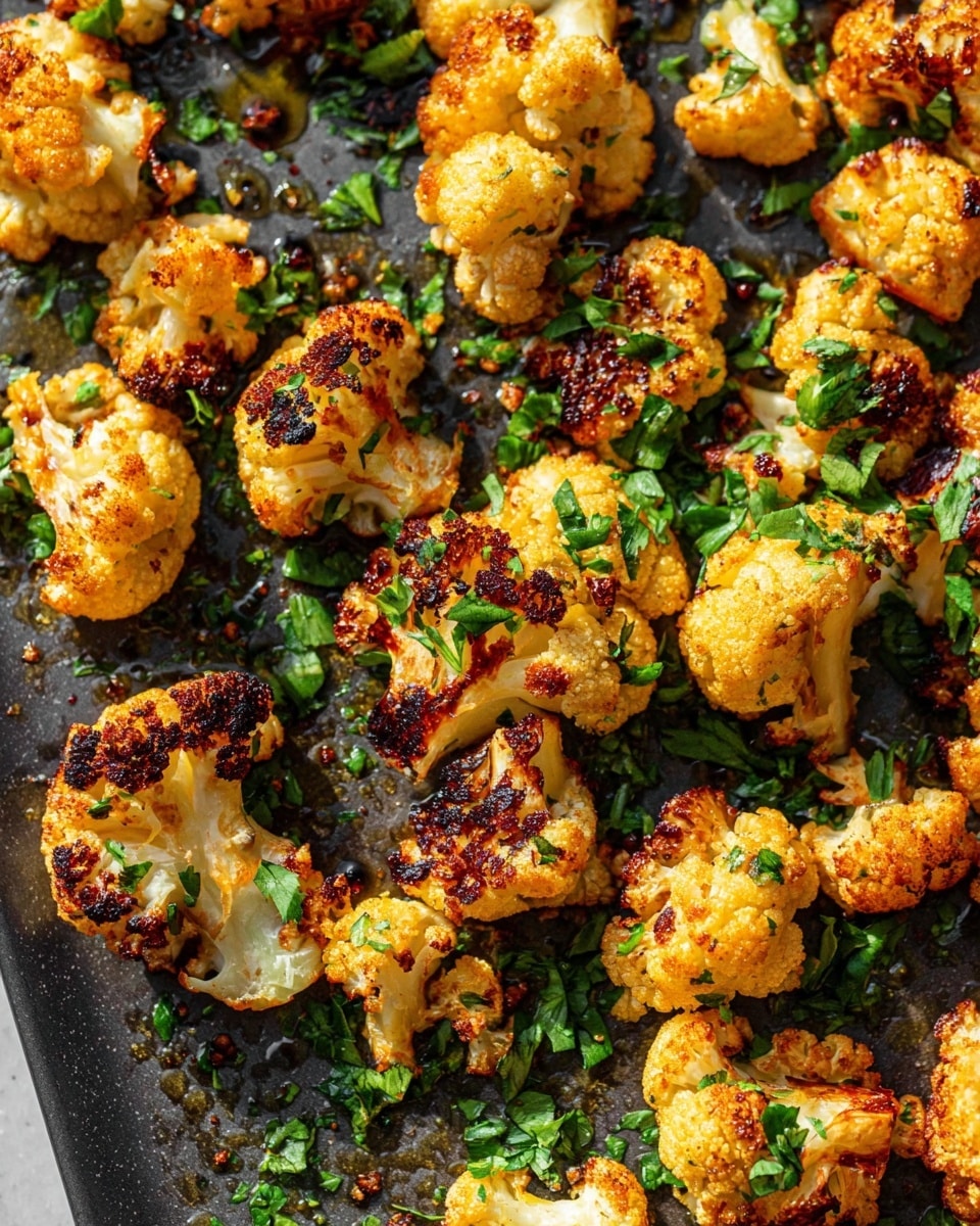 This image shows many small pieces of roasted cauliflower with a golden-brown crispy outside and some dark charred spots. The cauliflower pieces have a rough texture and are spread out over a dark baking tray. On top of the cauliflower, there are fresh bright green chopped herbs scattered unevenly, adding a fresh contrast to the warm colors. Tiny drops of oil shine on the tray around the cauliflower. The background is a white marbled texture photo taken with an iphone --ar 4:5 --v 7