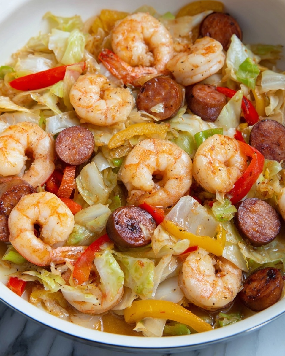 This dish is a close-up of a cooked mix in a white bowl. It has three main layers: pinkish-orange shrimp, dark brown sausage slices, and pale green cabbage pieces with some red and yellow bell pepper strips. The shrimp look soft and curved, the sausage slices are browned on the surface, and the cabbage looks cooked but still crisp. The dish has a light sauce that makes it a little shiny. The background is a white marbled surface. photo taken with an iphone --ar 4:5 --v 7