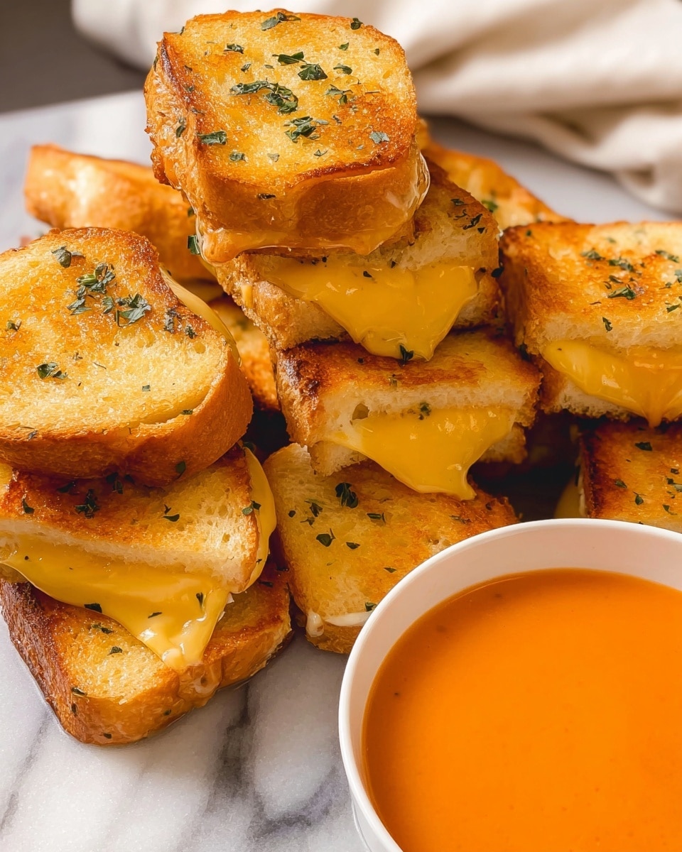 The image shows many small grilled cheese sandwiches stacked together on a white marbled surface. Each sandwich has two golden brown toasted bread layers with melted yellow cheese in between, slightly oozing out from the sides. The bread has small green herb sprinkles on top, giving it a fresh look. Next to the sandwiches, there is a white bowl filled with smooth, bright orange soup that looks creamy. The bowl is partially visible and placed close to the sandwiches, with a soft cloth in the background on the white marbled surface. photo taken with an iphone --ar 4:5 --v 7