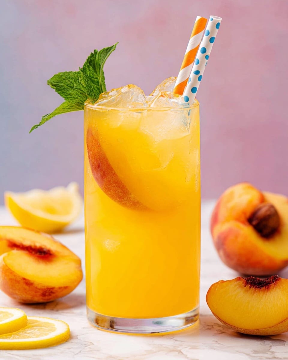 A tall clear glass filled with bright yellow-orange peach lemonade, with ice cubes floating near the top. A large slice of fresh peach rests inside the drink, partially pressed against the glass. The drink is garnished with a fresh green mint sprig sticking out from the top. Two paper straws, one orange with white stripes and the other white with blue polka dots, are placed in the glass. Surrounding the glass on a white marbled surface are halved fresh peaches and lemon wedges. The background is a soft gradient of pink and purple colors. Photo taken with an iphone --ar 4:5 --v 7