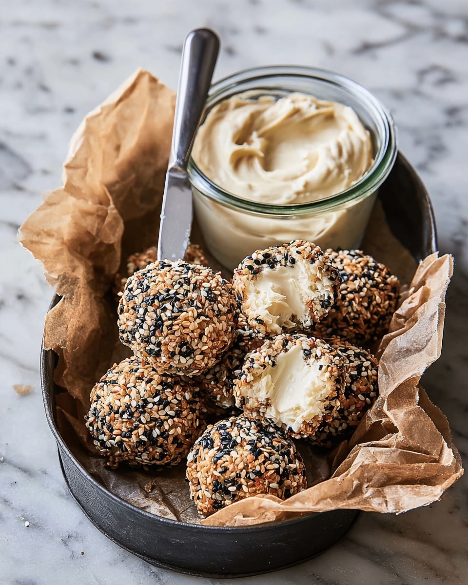 The image shows a black oval tray lined with crumpled light brown paper holding several round balls covered in a mix of sesame seeds in white, black, and tan colors, creating a crunchy textured outer layer. One of the sesame-covered balls is broken open, revealing a soft and creamy white inside with a smooth texture. At the back of the tray, there is a small clear glass jar filled with smooth creamy white spread, with a silver butter knife resting on the rim of the tray, smeared lightly with the spread. The tray is placed on a white marbled surface. photo taken with an iphone --ar 4:5 --v 7