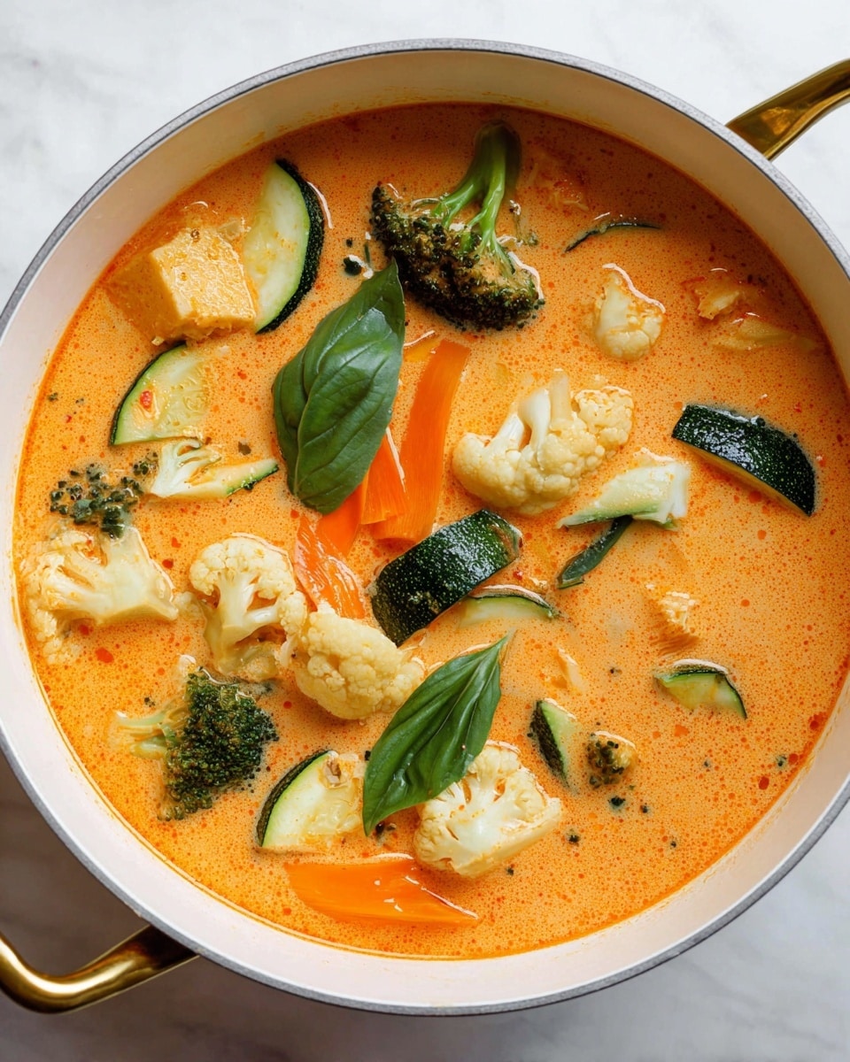 The image shows a white pot filled with a creamy orange soup that has a smooth texture with some oil glistening on top. Inside the soup, there are three main layers of vegetables floating: pale white cauliflower florets with rough edges, pieces of dark green broccoli with small blooms, and slices of light green zucchini with soft edges. There is also a layer of thin, bright orange carrot ribbons and a few fresh dark green basil leaves adding color contrast. The pot has golden handles and sits on a white marbled surface. photo taken with an iphone --ar 4:5 --v 7