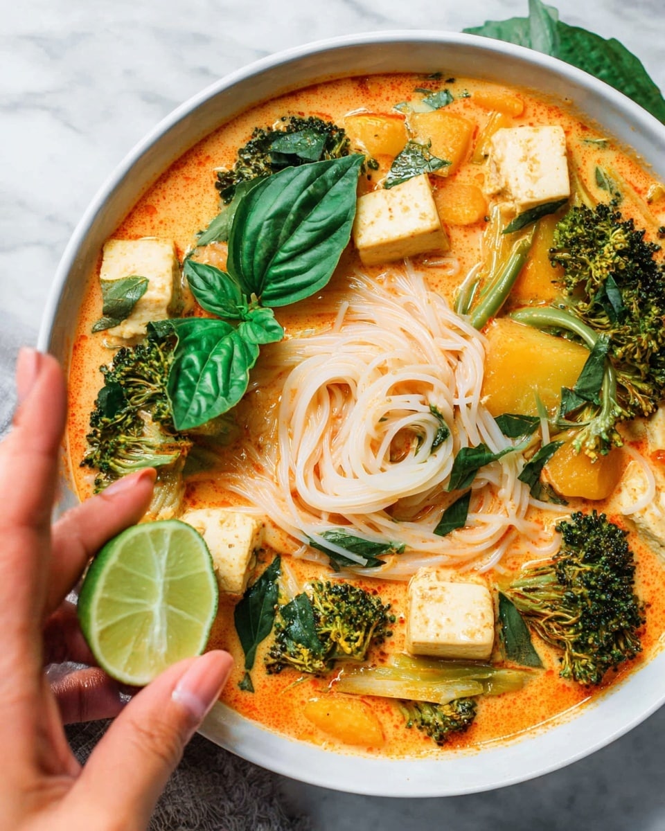 A close-up view of a white bowl filled with a creamy orange soup base, thin white noodles layered throughout, and pieces of green broccoli and orange slices of squash or carrot placed on top. There are white tofu cubes scattered over the soup and bright green fresh basil leaves adding contrast. A woman's hand is holding a wedge of lime above the bowl, ready to squeeze juice onto the dish. The bowl sits on a white marbled surface. photo taken with an iphone --ar 4:5 --v 7