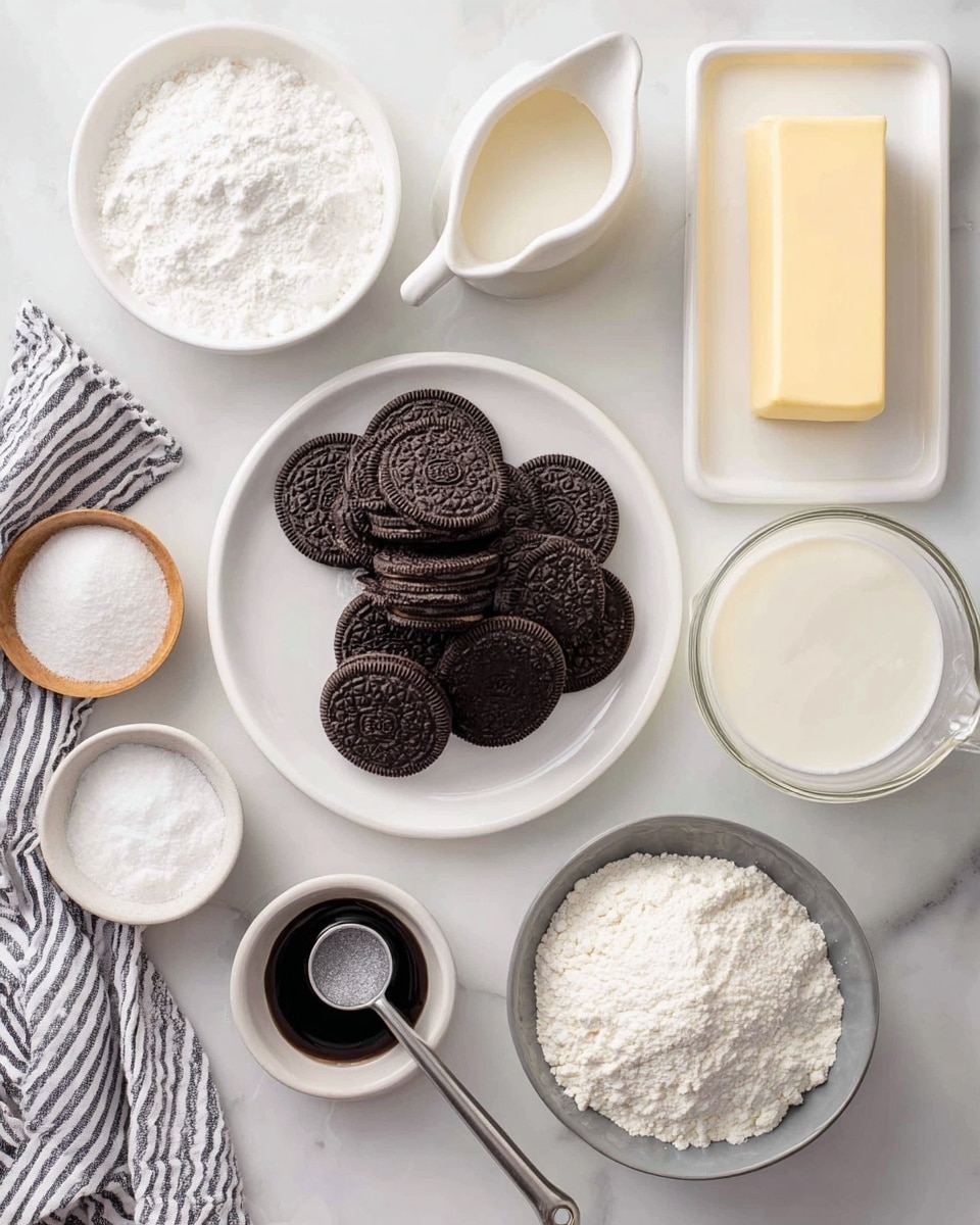 The image shows a top view of several ingredients neatly arranged on a white marbled surface. In the center, there is a white plate holding a pile of dark brown sandwich cookies in two layers, stacked in a circular shape. To the right, a white rectangular dish holds a stick of pale yellow butter. Above it, a glass measuring cup is filled with cream, light beige in color, and next to it is a small white pitcher filled with more cream. On the top left, a small white bowl contains fine white powdered sugar, while a small wooden bowl below it holds some white baking powder. Below that, a metal measuring spoon with a dark liquid is placed. Near the bottom left, a white round bowl holds white granulated sugar. To the bottom right, a gray bowl is filled with white flour with some lumps. A white and black striped tea towel is partially shown at the lower left corner. The photo taken with an iphone --ar 4:5 --v 7