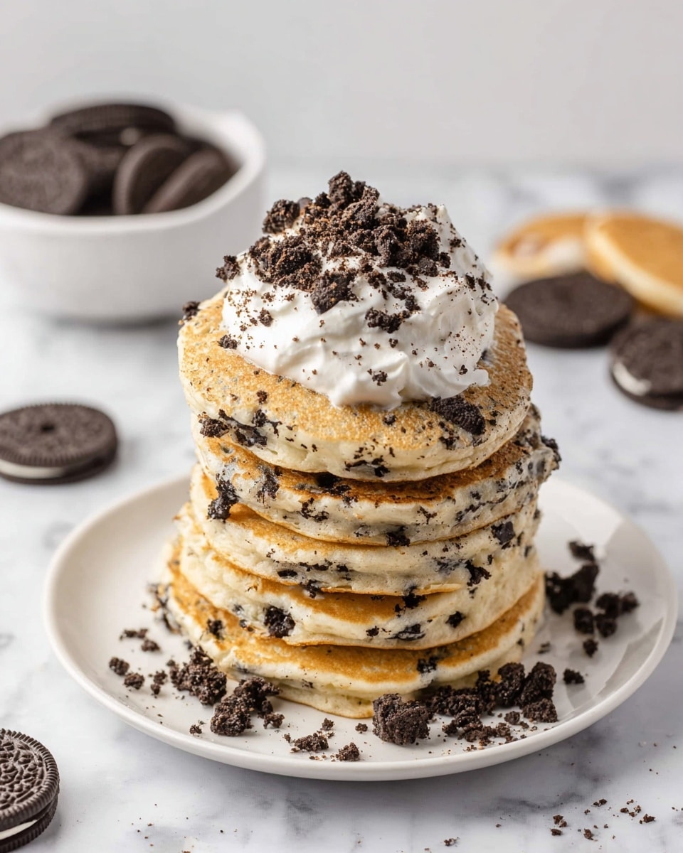 A tall stack of seven thick pancakes sits on a plain white plate placed on a white marbled surface. Each pancake is golden brown with visible dark cookie pieces mixed into the batter, creating a speckled look throughout the layers. On top of the stack is a dollop of creamy white whipped topping, sprinkled generously with broken pieces of dark chocolate cookies. Around the base of the plate are more crumbled cookie pieces scattered casually. In the background, slightly out of focus, there is a white bowl filled with cookie crumbs and two whole chocolate sandwich cookies lying flat on the white marbled surface. photo taken with an iphone --ar 4:5 --v 7
