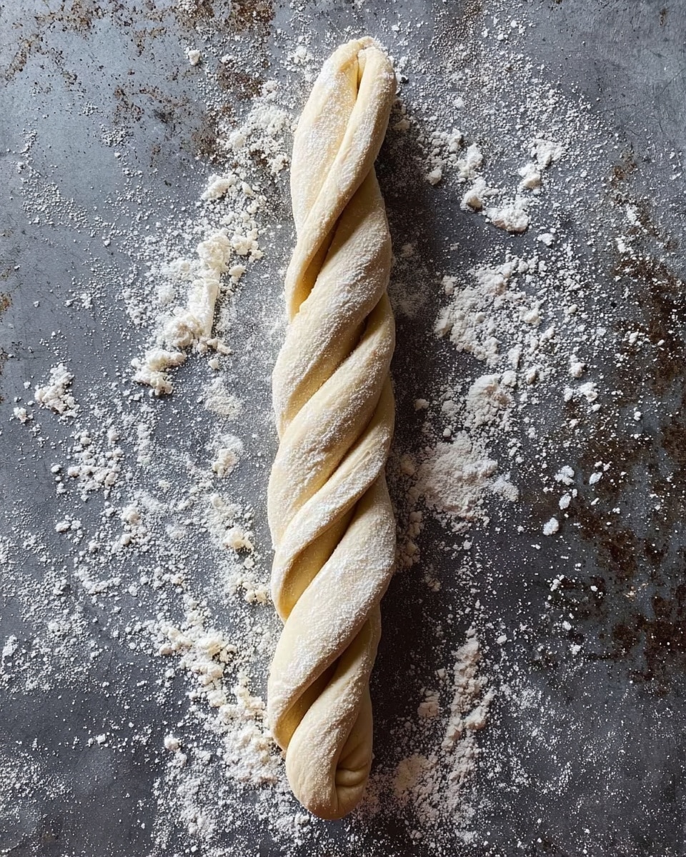 A twisted raw dough piece lies in the center on a baking tray dusted with scattered white flour. The dough is light beige with a soft, slightly floured texture that shows gentle twists along its length. The tray underneath is dark gray with a worn surface, but the focus remains on the smooth, spiral dough on top. Photo taken with an iphone --ar 4:5 --v 7