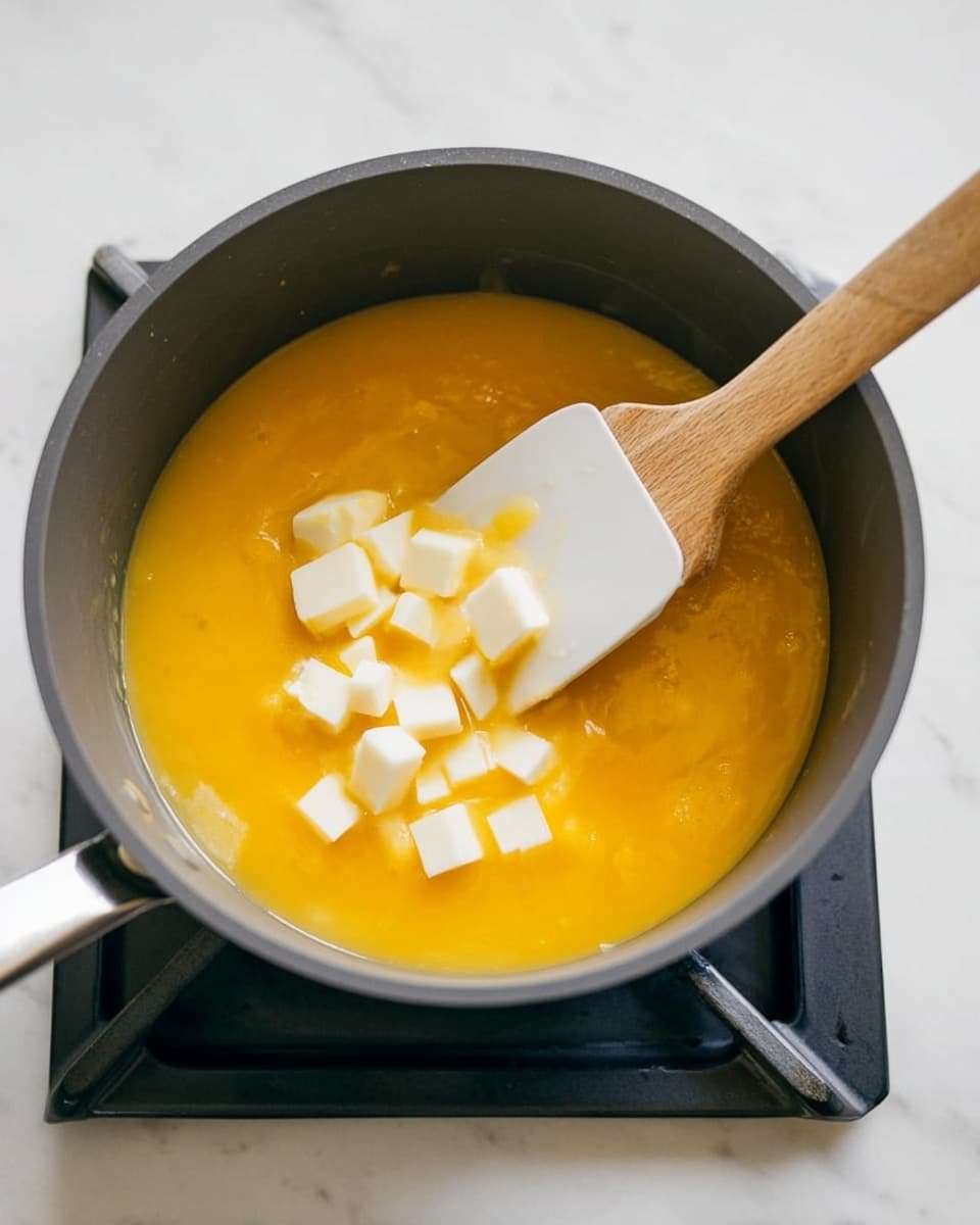 A dark grey pot sits on a stove with a white marbled surface below. Inside the pot is a thick, bright yellow-orange mixture with several small white cubes on the surface. A white spatula with a wooden handle is resting in the pot, partially covered with the yellow-orange mixture and touching some of the white cubes. photo taken with an iphone --ar 4:5 --v 7