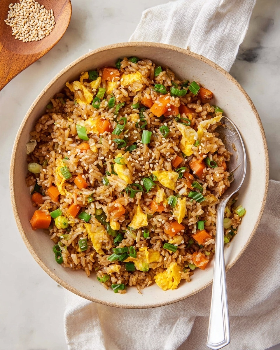 A bowl of fried rice filled with three main layers: the base layer includes medium-length brownish rice grains mixed evenly, the second layer has small chopped orange carrot cubes and bright green chopped spring onions scattered across the rice, and the top layer has yellow cooked egg pieces and white sesame seeds sprinkled over the dish; a silver spoon rests inside the bowl on the right side; the bowl is off-white and sits on a white marbled surface with a piece of white cloth underneath and a wooden spoon with some sesame seeds beside it; photo taken with an iphone --ar 4:5 --v 7
