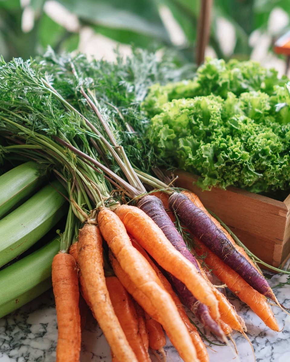 The image shows a bunch of fresh carrots with green tops. There are mostly orange carrots with one purple carrot in the middle. The carrots are lying on top of green plantains, which are thick and long. To the right side, there is a bunch of curly green lettuce in a wooden box. The background is a white marbled texture with a blurred window and some greenery visible behind. photo taken with an iphone --ar 4:5 --v 7