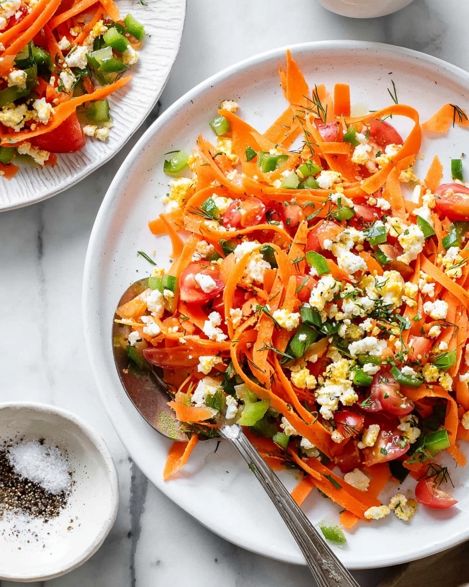 The dish is a fresh salad served on a white plate placed on a white marbled surface. The salad has three visible layers: thin orange carrot ribbons spread all over as the main layer, diced green bell peppers and red tomatoes scattered evenly across, and small bits of crumbly white and yellow cheese sprinkled on top. There is a silver spoon resting on the right side of the plate, partially covered by the salad. In the background, part of a smaller white plate holds more salad, and a small white bowl with black pepper and salt is also visible. The colors are bright and fresh, highlighting the contrast between orange, green, red, and white. photo taken with an iphone --ar 4:5 --v 7