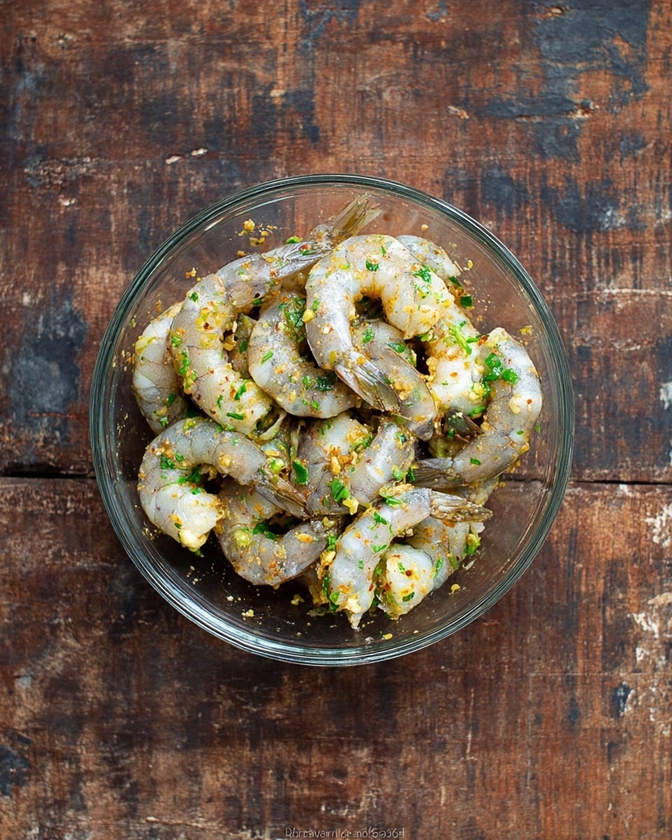 A clear glass bowl filled with raw shrimp that are light gray with a slight translucence, mixed with bits of green herbs and small pieces of garlic and spices that have a yellowish-orange tint, creating a textured, seasoned look. The shrimp are curved and layered closely together inside the bowl. The bowl is placed on a rustic wooden surface with dark and weathered brown tones and some worn patches. The overall image is bright and clear, showing the freshness of the shrimp and seasoning photo taken with an iphone --ar 4:5 --v 7