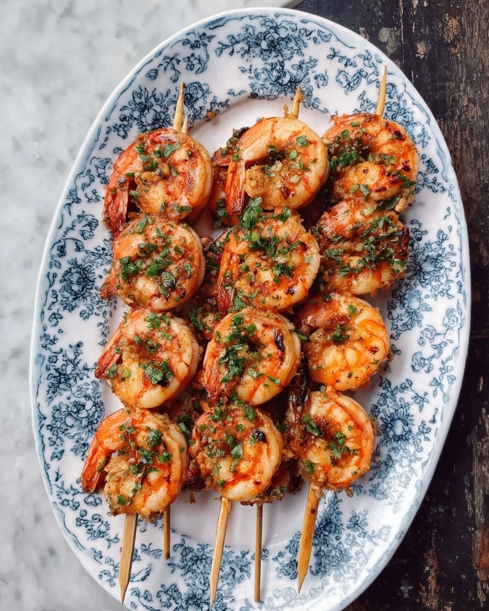 Oval white plate with blue floral patterns holds six wooden skewers arranged parallel, each loaded with grilled shrimp. The shrimp are pink-orange with a slight char and sprinkled with small pieces of green herbs. The plate rests on a white marbled textured surface. photo taken with an iphone --ar 4:5 --v 7