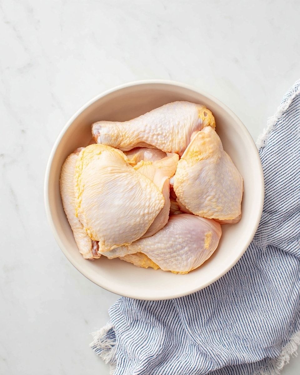 A white bowl sits on a white marbled surface with a blue and white striped cloth partially under it. Inside the bowl, there are six raw chicken pieces with pale yellow skin and slight orange tint from seasoning. The chicken pieces show different cuts with smooth and textured skin, some parts showing small white bones and joints. The bowl is plain, smooth, and round, with the chicken pieces layered loosely but filling the bowl almost to the top. Photo taken with an iphone --ar 4:5 --v 7
