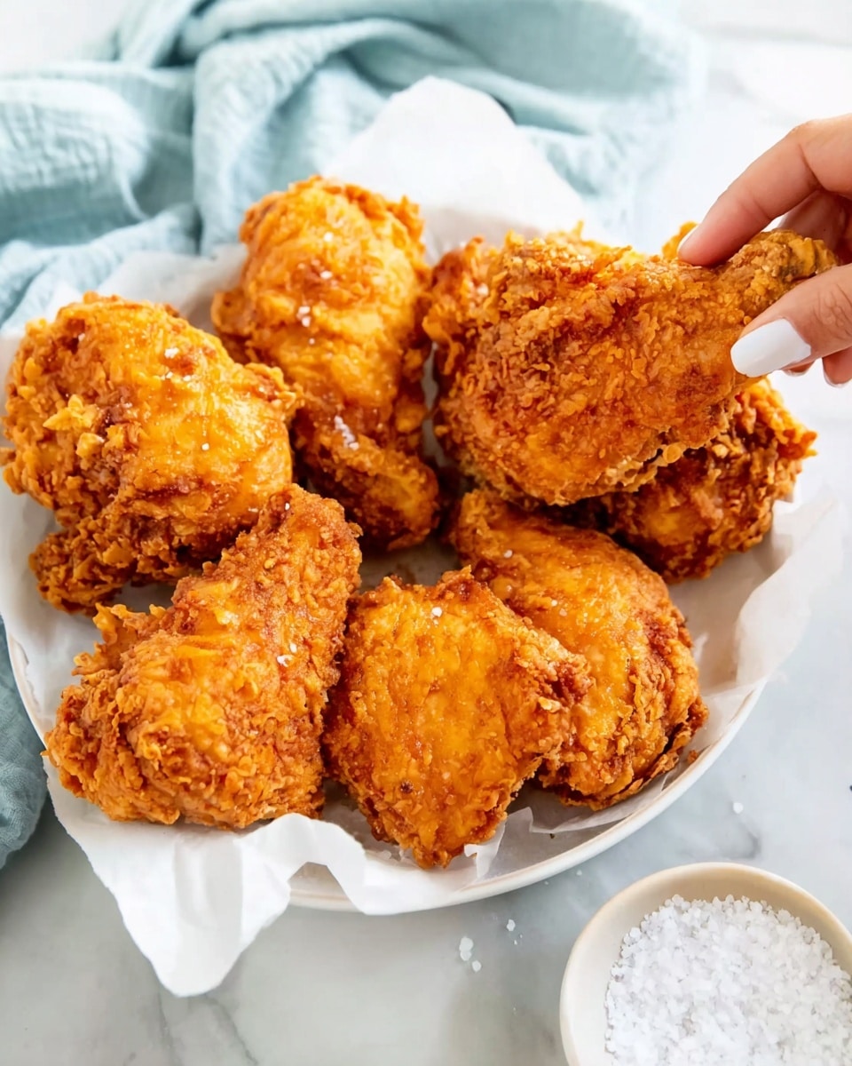 A close-up of several pieces of golden fried chicken with a crunchy texture arranged on white parchment paper inside a white dish. The chicken pieces have a crispy, uneven coating with bits of batter sticking out. A woman's hand is picking up one piece near the top right. In the front right corner, there is a small white bowl filled with coarse salt. The background is a white marbled surface with a light blue cloth partially visible. photo taken with an iphone --ar 4:5 --v 7