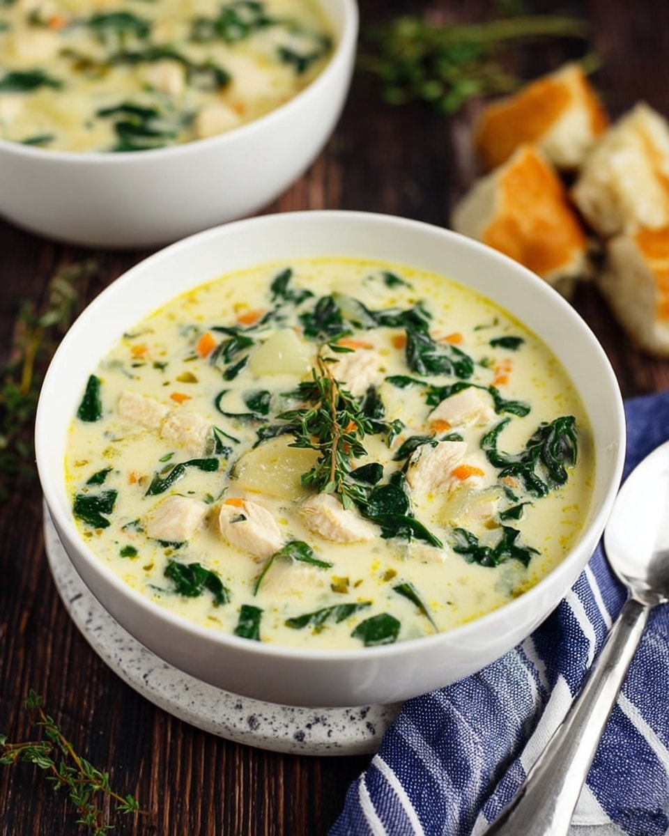 A white bowl filled with creamy soup showing a smooth pale yellow base with chopped light beige pieces of chicken, bright green spinach leaves scattered throughout, and small bits of orange carrot and white potato evenly mixed in. A sprig of fresh green thyme rests on top, adding texture and color contrast. The bowl sits on a dark wooden table with a white marbled texture underneath, and a silver spoon lies next to it. In the background, there is a glimpse of another similar bowl and a blue and white striped cloth beside golden brown bread pieces. photo taken with an iphone --ar 4:5 --v 7