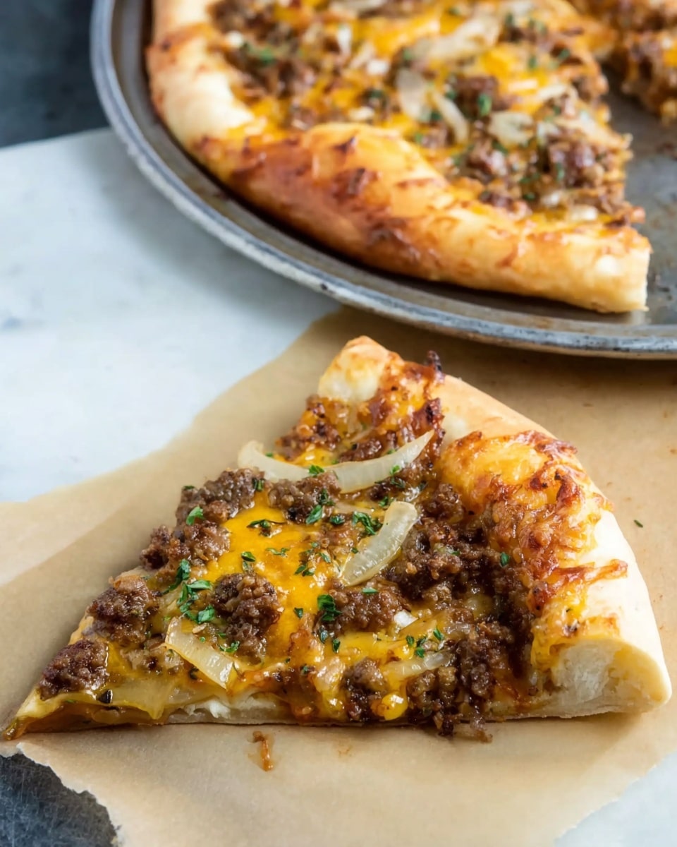 A single slice of thick pizza rests on a piece of brown parchment paper over a white marbled surface, showcasing a golden-brown crust that is puffy and slightly crispy. The slice is topped with a generous layer of cooked ground meat, yellow melted cheese that is slightly browned in spots, and scattered green herbs. Slices of cooked onions are visible under the cheese, adding texture and color. The background shows a metal pizza pan with the rest of the pizza, featuring the same toppings and crust, partially out of focus. photo taken with an iphone --ar 4:5 --v 7