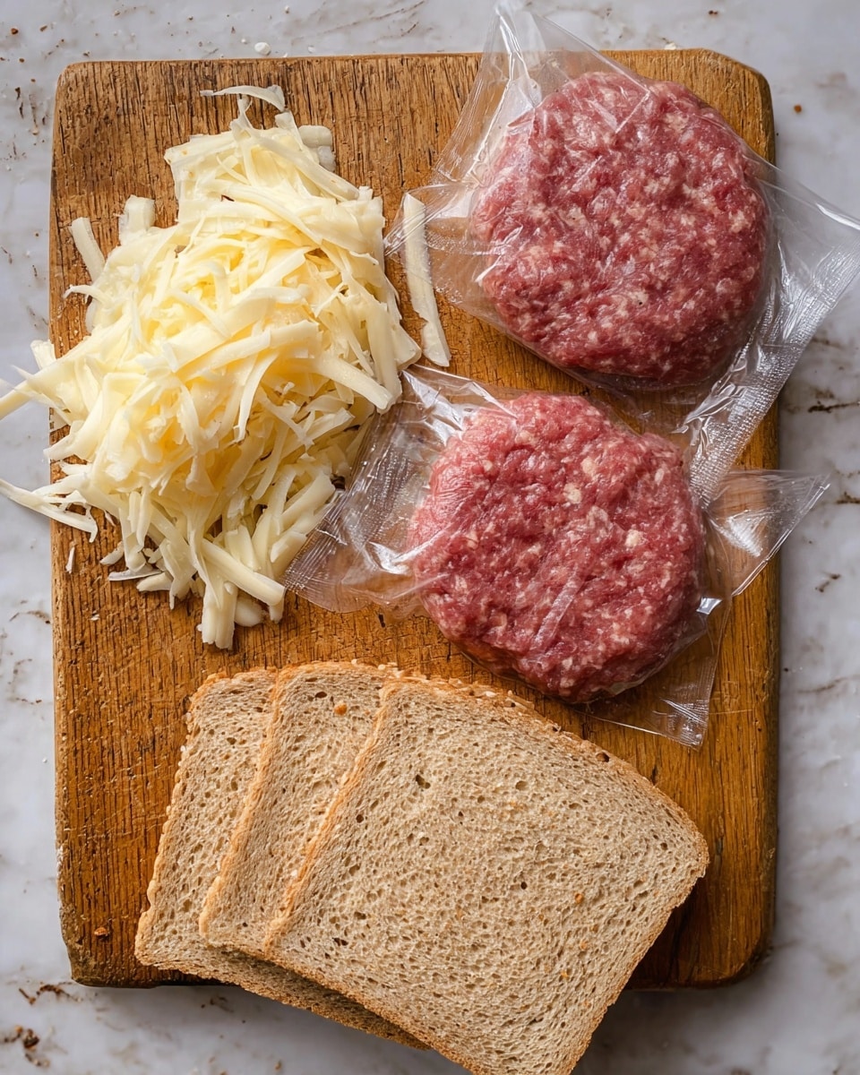 The image shows a light brown wooden board on a white marbled surface with four food items arranged on it: two raw, pinkish-red hamburger patties with visible texture and small fat specks, each wrapped partially in clear plastic wrap and placed on the top right and left sides; a pile of shredded pale yellow cheese located below the patties on the left side, with thin, curly strands; and two stacked slices of light brown whole grain bread with a soft texture and visible crumbs positioned at the bottom right corner. photo taken with an iphone --ar 4:5 --v 7