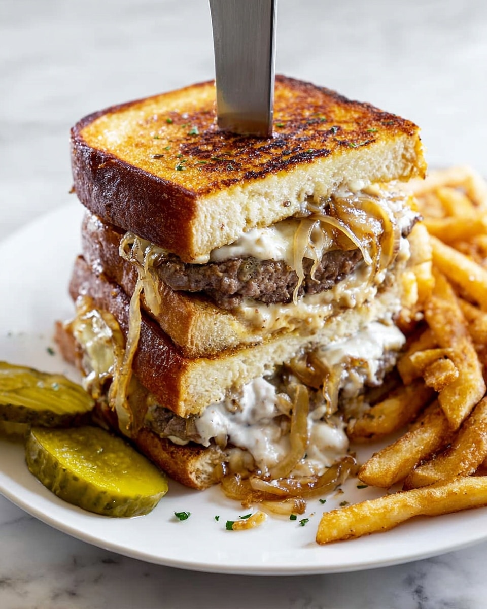 A thick sandwich with three layers of golden brown toasted bread, each slice showing a slightly crispy and buttery texture. Between the top and middle slice, there is a mix of caramelized onions with a melted cheese layer oozing slightly over the edge. The middle layer holds a juicy, browned beef patty with visible herbs mixed in and a creamy sauce that seeps through to the bottom slice of toast. The bottom layer has another creamy sauce and melted cheese spilling out. The sandwich stands tall on a white plate with crispy golden French fries scattered loosely around the base and two green pickles placed on the left side. A shiny knife is stabbed vertically through the sandwich's center, and the entire setup is on a white marbled surface. Photo taken with an iphone --ar 4:5 --v 7