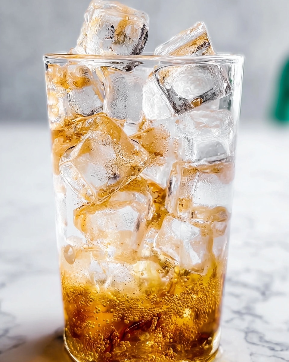 A close-up image of a clear glass filled with irregularly shaped ice cubes, some clear and some tinted a light brown color, creating a mix of transparent and amber hues. The ice fills the glass in about three layers, with the bottom layer showing more brown liquid pooling and bubbles rising slowly. The surface behind the glass is a white marbled texture, blurred and softly lit, giving the photo a fresh and cool feel. photo taken with an iphone --ar 4:5 --v 7