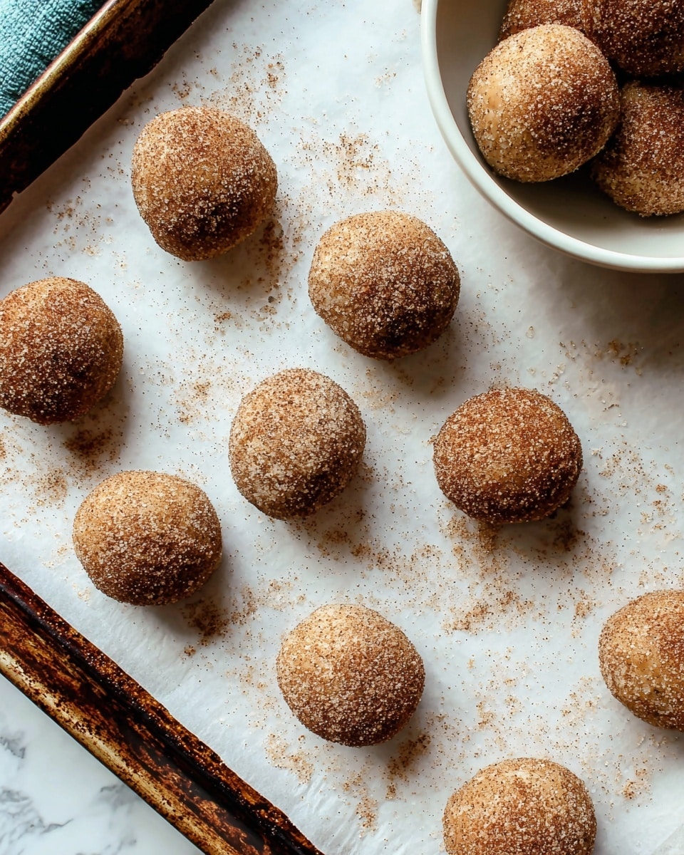 The image shows nine round dough balls coated with a speckled brown and white sugar and spice mixture, arranged on a white parchment paper over a metal baking tray. The dough balls have a slightly rough and grainy texture with a light dusting of the coating scattered around them on the parchment. The tray appears well-used with some darkened edges. Part of a white bowl with more dough balls coated in the same mixture is visible on the upper right side. The background is a white marbled texture. photo taken with an iphone --ar 4:5 --v 7