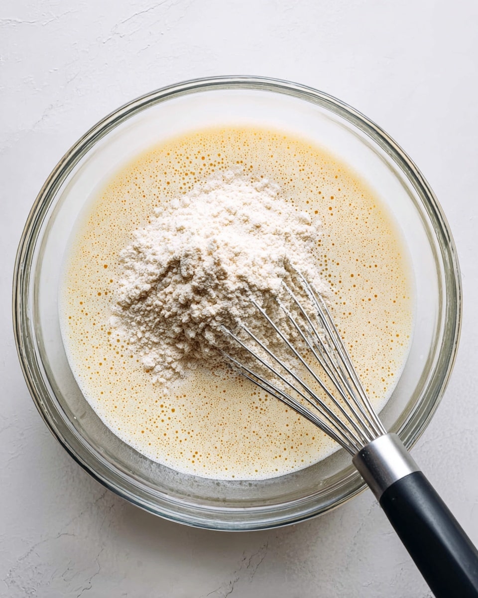 A clear glass bowl sits on a white marbled surface, filled with a foamy, pale yellow liquid mixture. On top of the liquid is a mound of light beige, powdery flour. A metal whisk with a black handle is in the bowl, partially covered in flour, positioned on the right side. The overall image is bright and clean with soft natural lighting. photo taken with an iphone --ar 4:5 --v 7