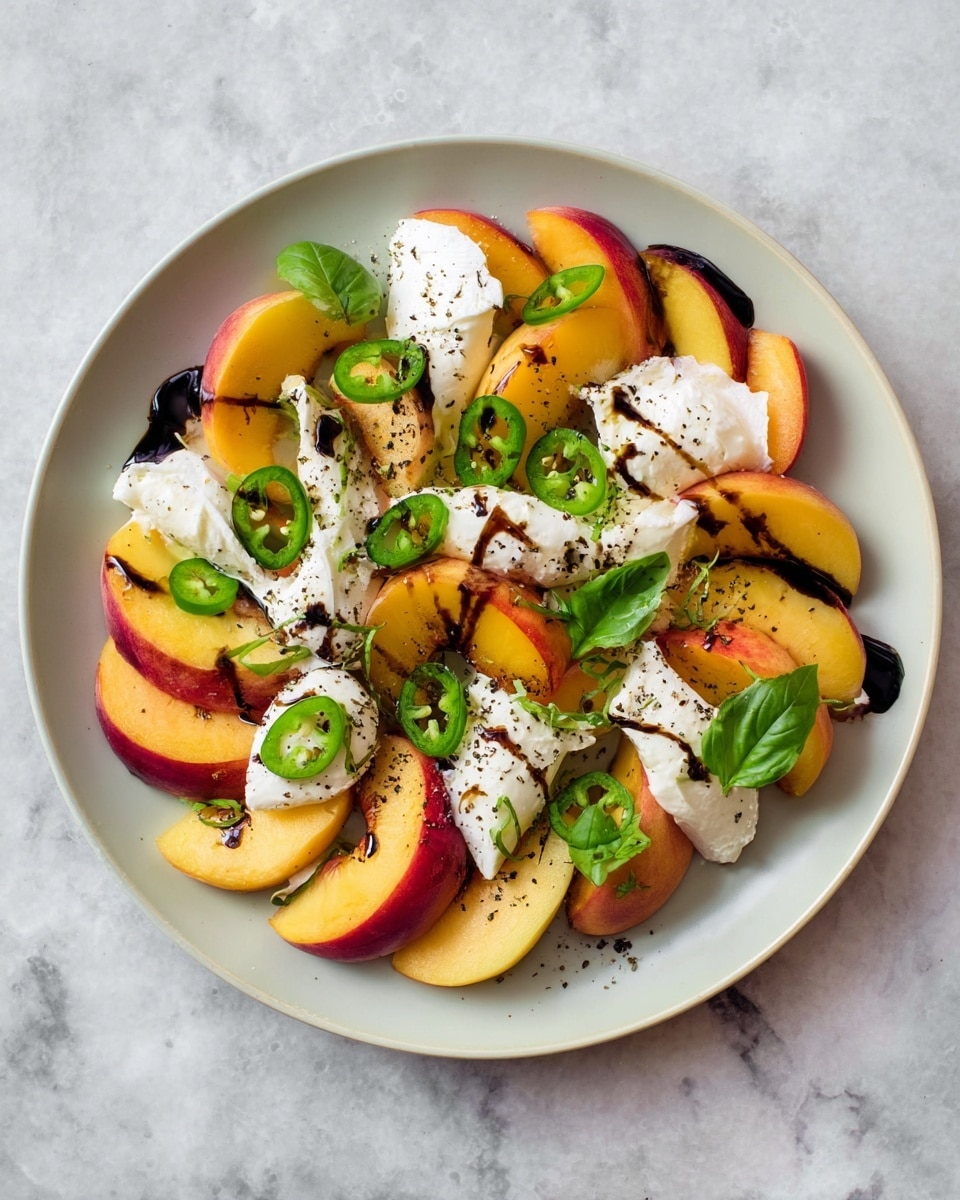 The dish shows a white plate filled with several layers of sliced yellow and red peaches arranged evenly around the plate. On top of the peach slices, there are dollops of soft white cheese with a creamy texture. Fresh green basil leaves and thin slices of green jalapeño are scattered between the cheese and fruit. Dark balsamic glaze is drizzled smoothly over the cheese and fruit, adding a shiny contrast. A light sprinkle of black pepper is visible across the dish. The plate is placed on a white marbled surface photo taken with an iphone --ar 4:5 --v 7
