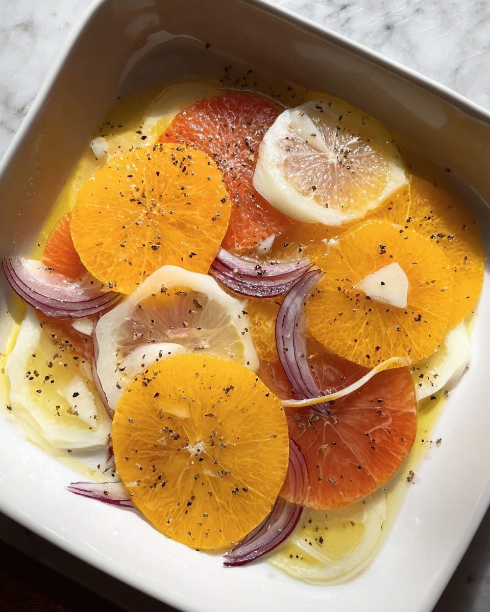 A white dish holds thin, round slices of bright orange and light yellow citrus fruits layered unevenly, with some slices overlapping. Scattered over the top are thin, pale purple slices of onion and small pieces of light yellow garlic. A light drizzle of oil shines on the fruits and vegetables, and some black pepper specks are sprinkled across the surface. The background shows a white marbled texture. photo taken with an iphone --ar 4:5 --v 7