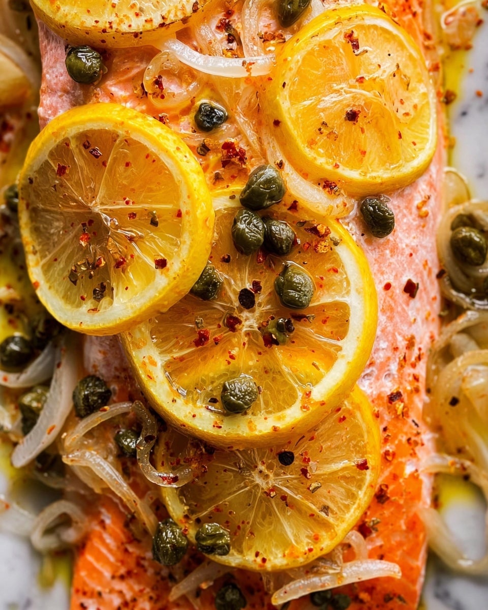The image shows a close-up of a cooked salmon fillet topped with thinly sliced lemon rounds that are bright yellow with some light char marks. Scattered on top and around the lemon slices are small, dark green capers and thin strips of translucent cooked onions. The salmon’s pinkish-orange flesh is visible under the lemon slices and has a light seasoning of red spices sprinkled over it. The colors are vibrant with the yellow lemons, dark green capers, and pink salmon creating a warm and fresh look. The background is a white marbled texture. photo taken with an iphone --ar 4:5 --v 7