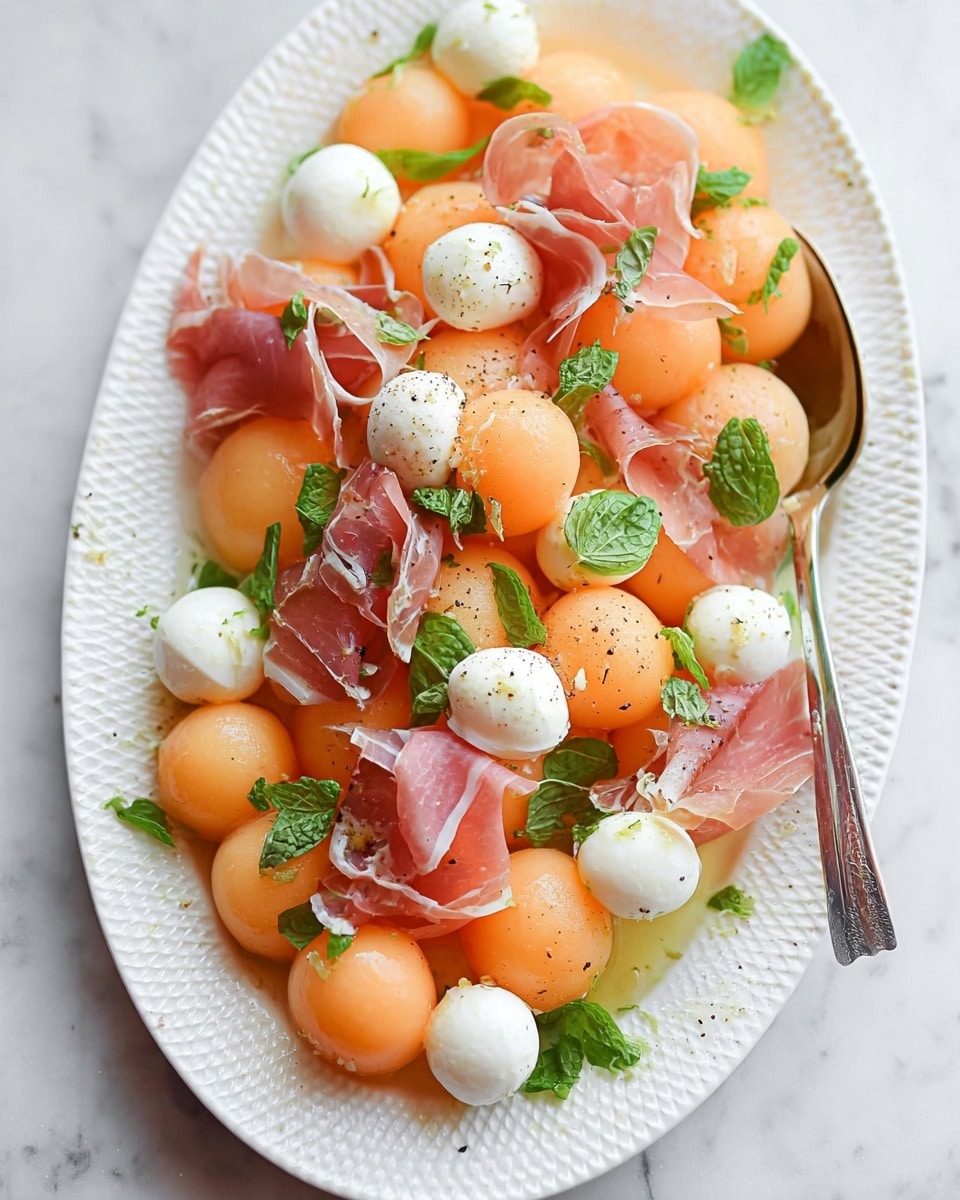 The dish is arranged on a white oval plate with a textured edge, set on a white marbled surface. It has several layers where the bottom layer consists of round orange cantaloupe balls with a smooth surface, placed closely together. Scattered among the cantaloupe are small, round white mozzarella balls with a slightly shiny texture. Thin, soft, pink slices of prosciutto are draped between the melon and cheese, folding gently and adding a slight sheen. Fresh green mint leaves are sprinkled evenly over the top, adding bright color and a leafy texture. A silver spoon rests on the right side of the plate, partly submerged among the ingredients. The entire dish appears light, fresh, and colorful, with some black pepper lightly sprinkled on top. photo taken with an iphone --ar 4:5 --v 7