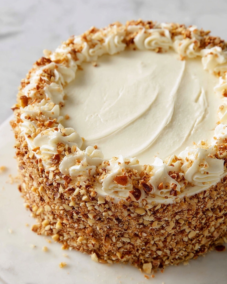 A round cake with two thick layers covered in smooth white cream. The sides and a ring around the top edge are covered with chopped light brown nuts, adding rough texture against the creamy frosting. The cake sits on a white marbled surface, and the cream has soft, uneven swirls on top, showing it was spread gently by a woman's hand. photo taken with an iphone --ar 4:5 --v 7
