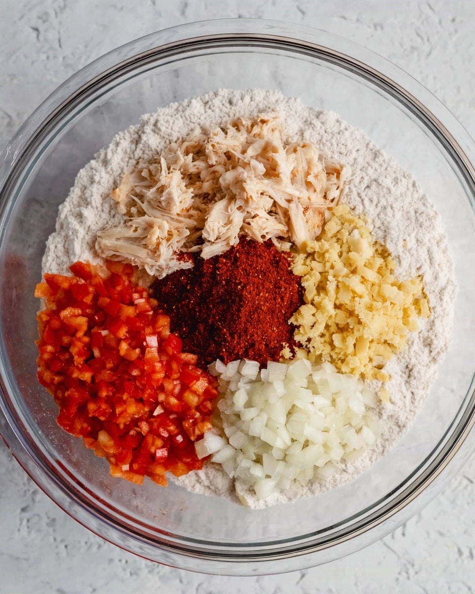 A clear glass bowl contains five separate layers of ingredients on top of a white marbled surface. The bottom layer is a thick white flour powder. On this base, clockwise from the top, there is a small mound of dark red-brown paste, finely diced bright red bell peppers, finely chopped white onions, shredded pale yellow chicken, and minced light yellow garlic. Each ingredient stays separate, showing distinct colors and textures, ready to be mixed. Photo taken with an iphone --ar 4:5 --v 7