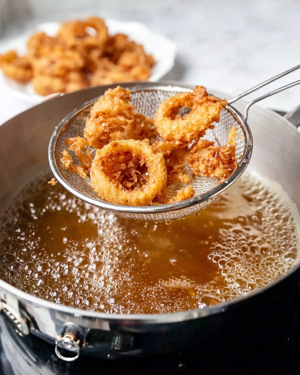 A shiny metal skimmer holds several golden brown, crispy fried curly pieces above a pan filled with bubbling hot oil. The curly pieces have a rough, crunchy texture with a deep fry color. In the background, on a white plate, are more of these fried curly pieces. The scene is set against a white marbled surface with a thermometer clipped to the pan. Photo taken with an iphone --ar 4:5 --v 7