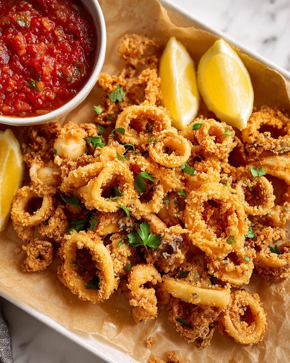 The image shows a large pile of golden-brown fried calamari rings with a crunchy texture, spread over light brown parchment paper inside a white tray. Small pieces of fresh green herbs are scattered over the calamari. On the top left, there is a small white bowl filled with a chunky red dipping sauce. Next to the sauce, two lemon wedges with a bright yellow color lean against the bowl. The scene is set on a white marbled surface. photo taken with an iphone --ar 4:5 --v 7