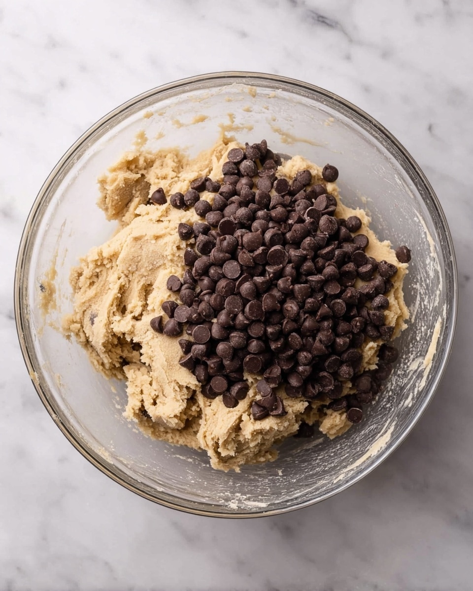 A clear glass bowl sits on a white marbled surface filled with cookie dough that is light beige and rough in texture. On top of the dough, there is a large pile of small, semi-sweet chocolate chips, dark brown and smooth. The dough fills most of the bowl and the chocolate chips sit mostly on one side. The bowl’s rim has some dough smudges on it. Photo taken with an iphone --ar 4:5 --v 7