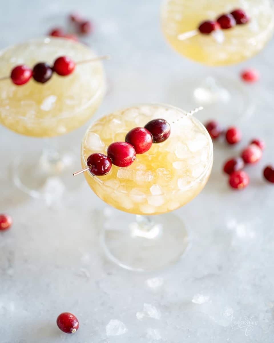 Three clear glass coupe glasses are filled with a pale yellow drink topped with crushed ice, showing a light textured surface. One glass in the foreground is garnished with a skewer of four fresh cranberries in dark red and bright red, balanced across the top. More cranberries are scattered on the white marbled surface around the glasses, giving a festive touch. The background is softly blurred, keeping the focus on the drinks, with bright and natural lighting that highlights the icy texture inside the glasses. photo taken with an iphone --ar 4:5 --v 7