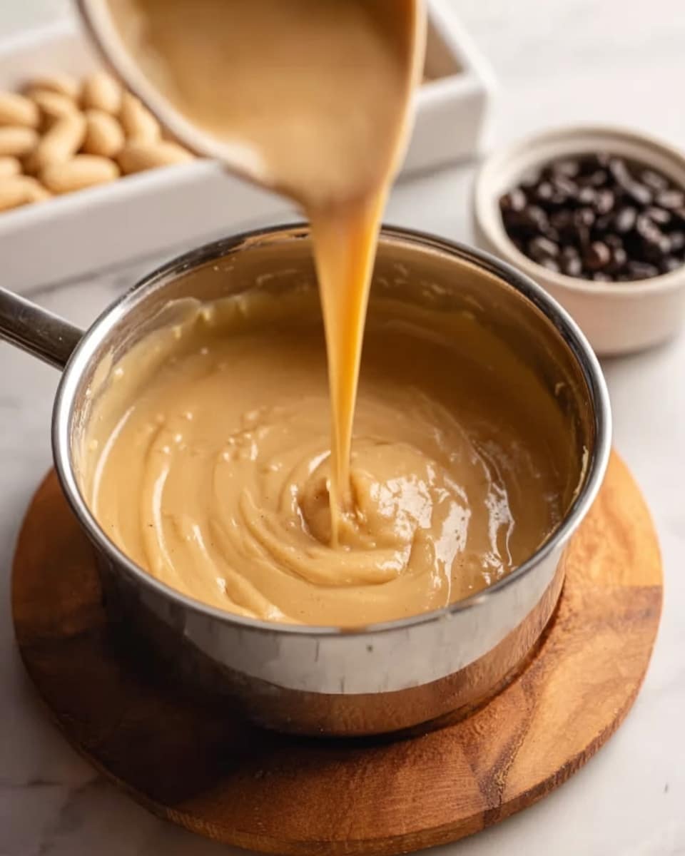 A close-up view of a shiny metal pot filled with smooth, light brown creamy sauce being poured into it, creating thick ripples and small lumps. The pot sits on a round wooden board placed on a white marbled surface. In the background, there is a blurred white tray with peanuts and a small white bowl containing dark roasted coffee beans, all softly out of focus. The overall warm tone and creamy texture of the sauce stand out clearly in the image, photo taken with an iphone --ar 4:5 --v 7