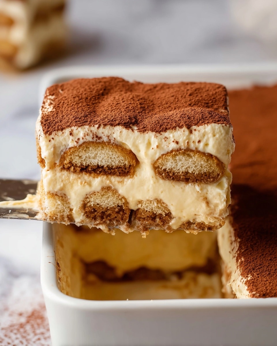A close-up of a rectangular slice of tiramisu lifted above a white rectangular dish on a white marbled surface. The dessert has three main layers: a smooth, light brown cocoa powder layer on top, a thick creamy layer underneath with a soft, pale yellow color and a velvety texture, and at the bottom, there are soaked ladyfinger biscuits in a golden brown shade, visible through the cream. The edges of the tiramisu slice show the moist texture of the biscuits blending slightly with the creamy layer. The background is softly blurred with a white marbled texture. Photo taken with an iphone --ar 4:5 --v 7