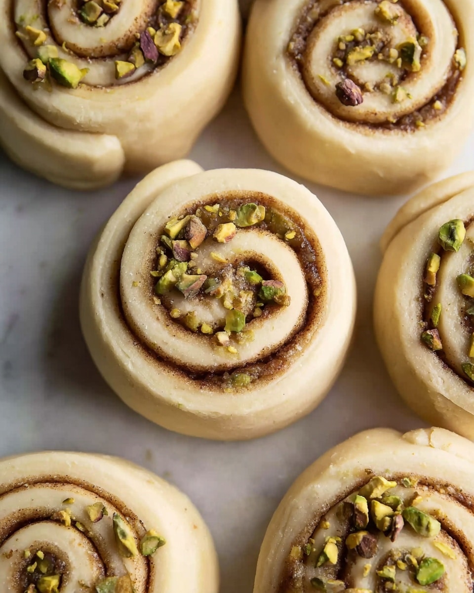 The image shows several raw swirled rolls arranged closely on a white marbled surface. Each roll has two main layers: a thick, pale beige dough layer forming the spiral base and a darker brown filling spiraled inside. The filling contains small, chopped green pistachio pieces, adding texture and color contrast. The rolls are round with smooth edges and vary slightly in size, some showing more rows of filling than others. The lighting highlights the soft, smooth texture of the dough and the rough, crunchy texture of the pistachio bits throughout the swirls. photo taken with an iphone --ar 4:5 --v 7