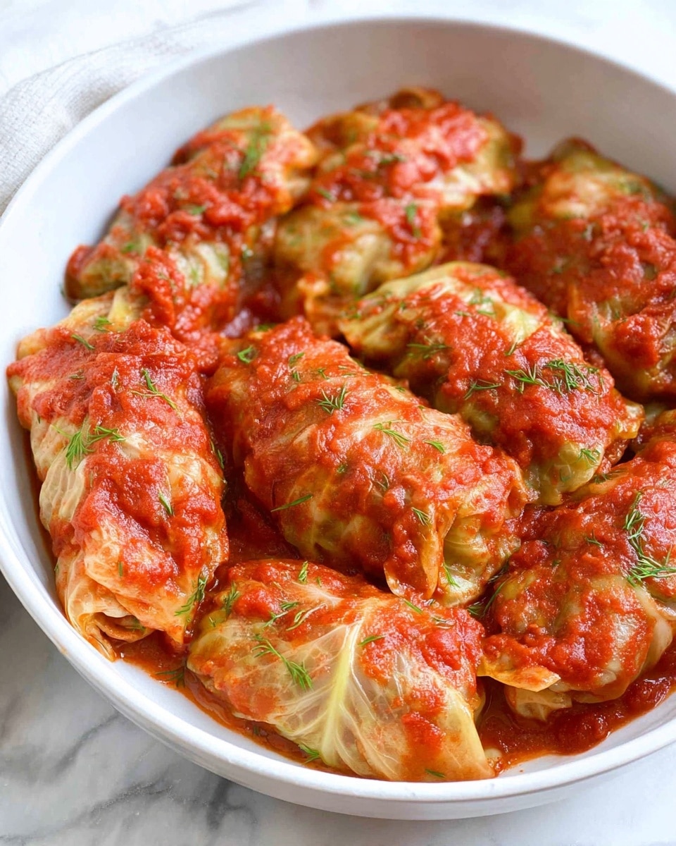 The image shows a white bowl filled with many rolled cabbage leaves covered in a thick red tomato sauce. Each cabbage roll has a pale, slightly wrinkled texture with the sauce spread unevenly on top, showing both smooth and chunkier parts. Light green herb sprigs are scattered on the sauce, adding small green spots across the red and pale layers. The bowl sits on a white marbled surface, and the scene looks bright and fresh. photo taken with an iphone --ar 4:5 --v 7