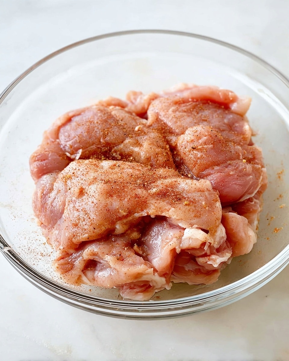 A clear glass bowl holds several raw pieces of pink chicken meat layered on top of each other, each piece slightly curved and soft in texture. The chicken is sprinkled lightly with a reddish-brown spice mix that rests unevenly on the surface of the meat. The bowl sits on a white marbled surface that adds a clean and crisp background to the image. Photo taken with an iphone --ar 4:5 --v 7