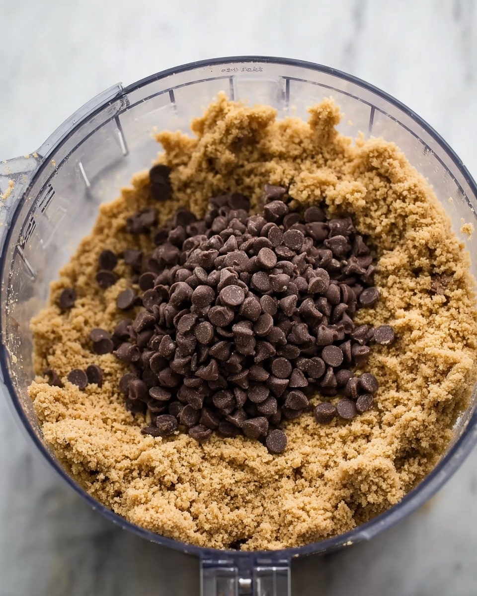 The image shows a clear food processor bowl filled with two main layers. The bottom and larger layer is a crumbly, light brown mixture, spread around the sides and base, with a rough texture. On top of this mixture, there is a mound of small, dark brown chocolate chips, centered and piled high near the middle of the bowl. The bowl sits on a white marbled surface. Photo taken with an iphone --ar 4:5 --v 7