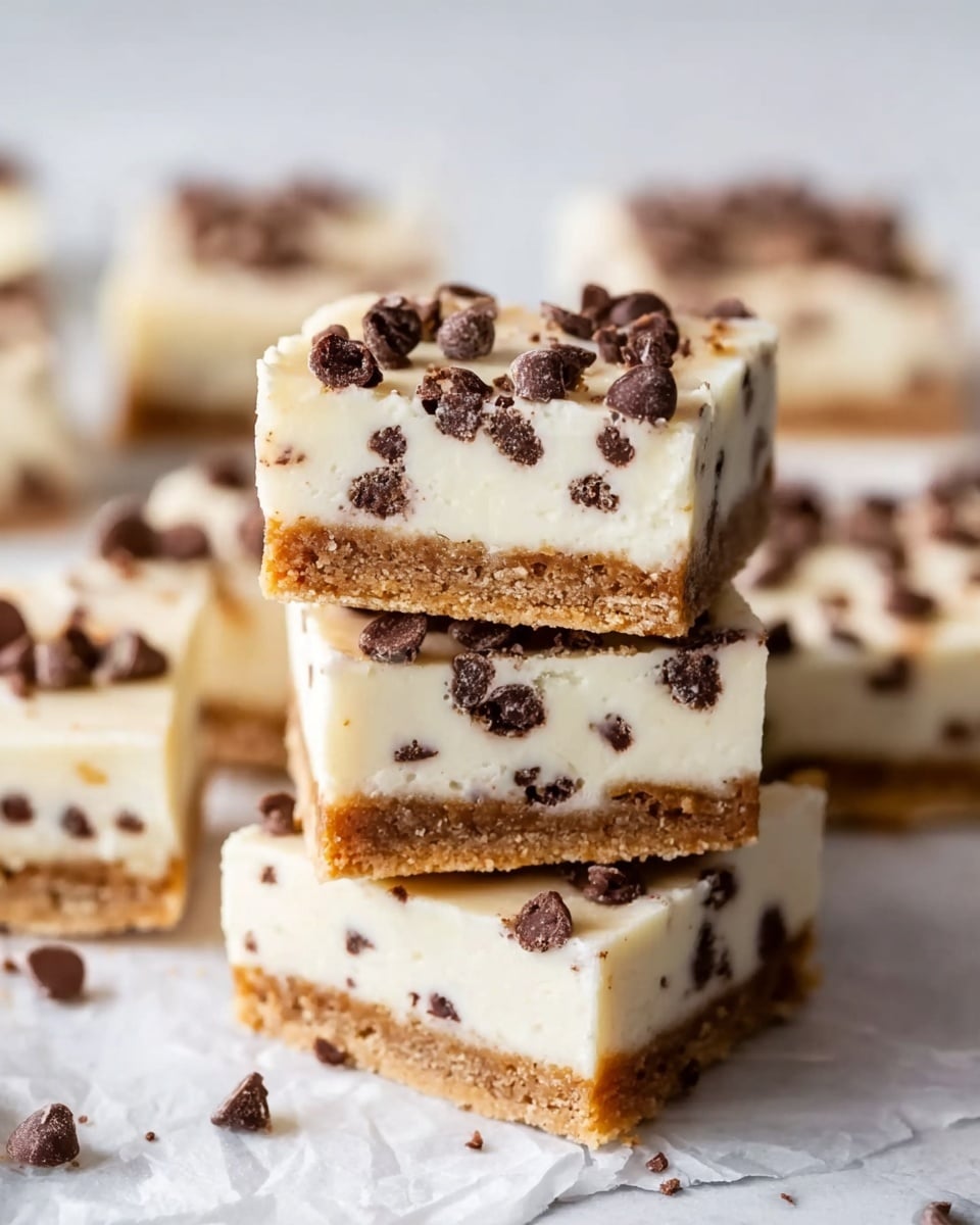 The image shows a group of small square dessert bars arranged closely together on a white marbled surface, with a slightly crinkled baking paper underneath them. Each bar has two clear layers: a thick dark brown base at the bottom and a pale cream-colored top layer speckled with many small dark chocolate chips. Additional chocolate chips are scattered on the surface of each top layer, giving a textured look. The bars are cut evenly, showing clean edges and a smooth creamy top layer with visible chocolate chips inside. Photo taken with an iphone --ar 4:5 --v 7