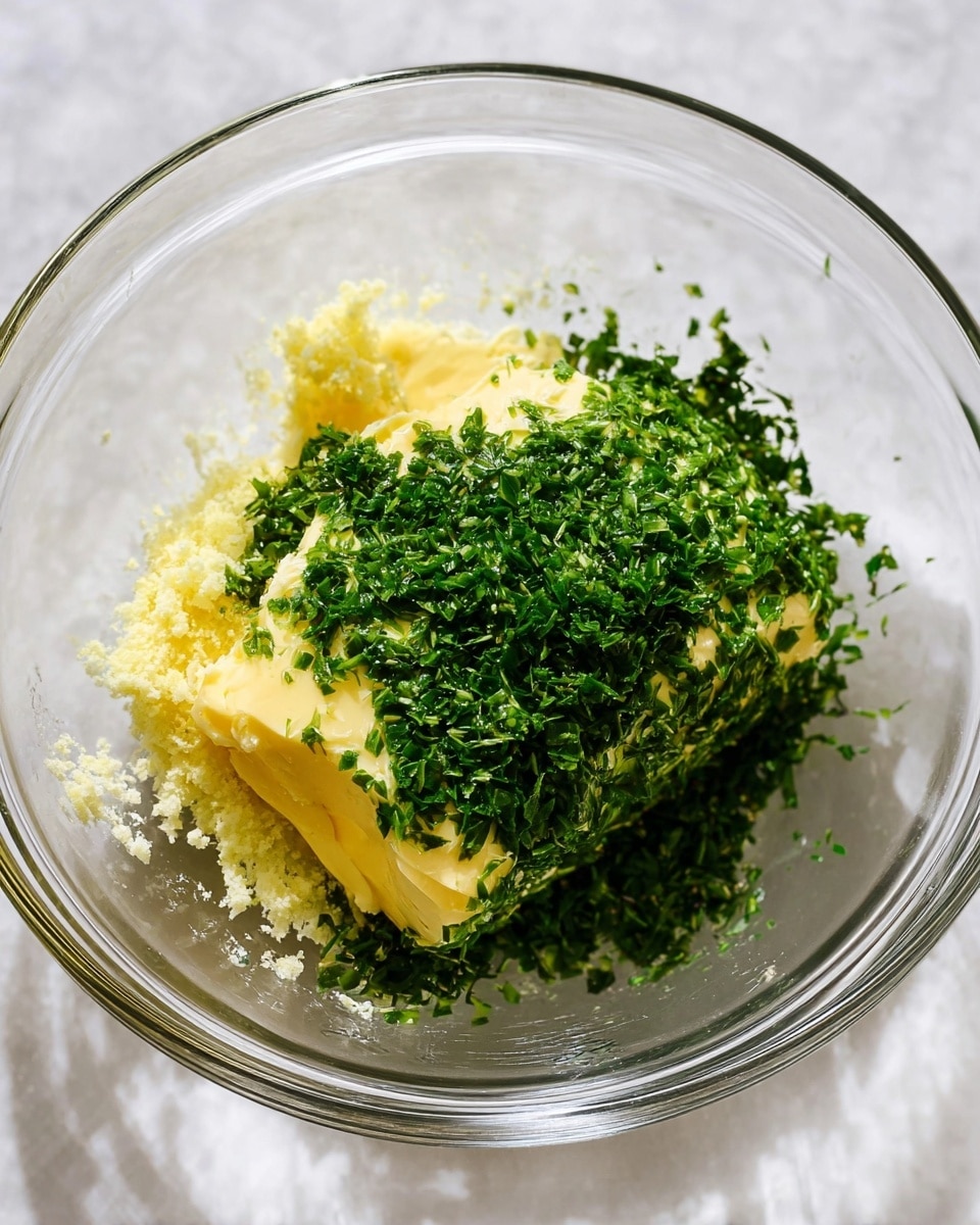In a clear glass bowl on a white marbled surface, there are three main layers visible: a base layer of finely minced pale yellow garlic, a large chunk of soft, smooth yellow butter placed on top to the right side, and a thick pile of bright green finely chopped herbs, mostly covering the butter and spreading slightly over the garlic. The herbs have a fresh and leafy texture, contrasting with the creamy butter and slightly grainy garlic below. The bowl is round and clear, with slight reflections from the light above. Photo taken with an iphone --ar 4:5 --v 7