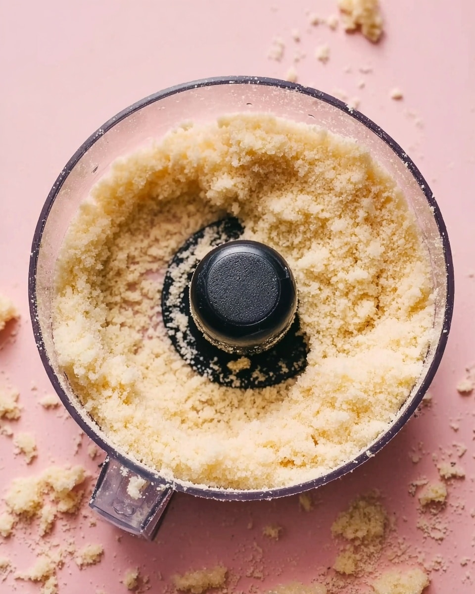 The image shows a clear round food processor bowl filled with a crumbly, light yellow mixture that looks like finely ground dough or crumbs. In the center of the bowl, there is a black blade attachment surrounded by the mixture. The bowl sits on a soft pink surface which is smooth and clean. There are small bits of the mixture scattered lightly around the bowl. photo taken with an iphone --ar 4:5 --v 7