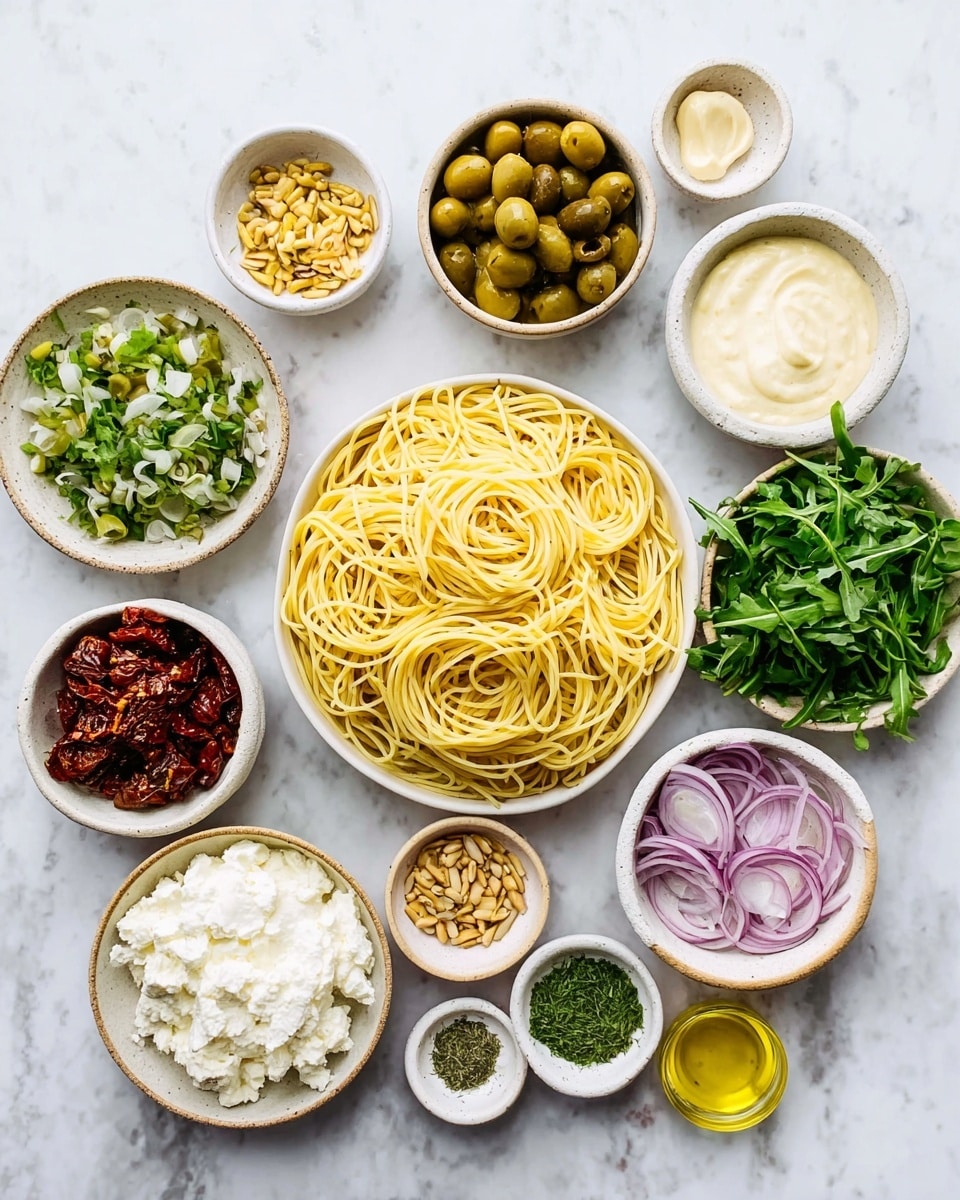 The image shows many small white bowls with different ingredients placed on a white marbled surface. In the center, there is a larger white bowl with cooked spaghetti noodles, light yellow and thin. Around it are bowls filled with bright green olives, chopped sun-dried tomatoes in dark red, green capers, fresh green chopped herbs, thin sliced purple onions, pale yellow mustard sauce, creamy white sauces in three bowls with a thick texture, fresh green arugula leaves, white ricotta cheese with a soft texture, light yellow garlic minced finely, small beige pine nuts, a light yellow lemon zest, light golden liquid in a small bowl, and dried green herbs in a tiny white bowl. All the ingredients are neatly arranged in a circle around the pasta bowl. Photo taken with an iphone --ar 4:5 --v 7