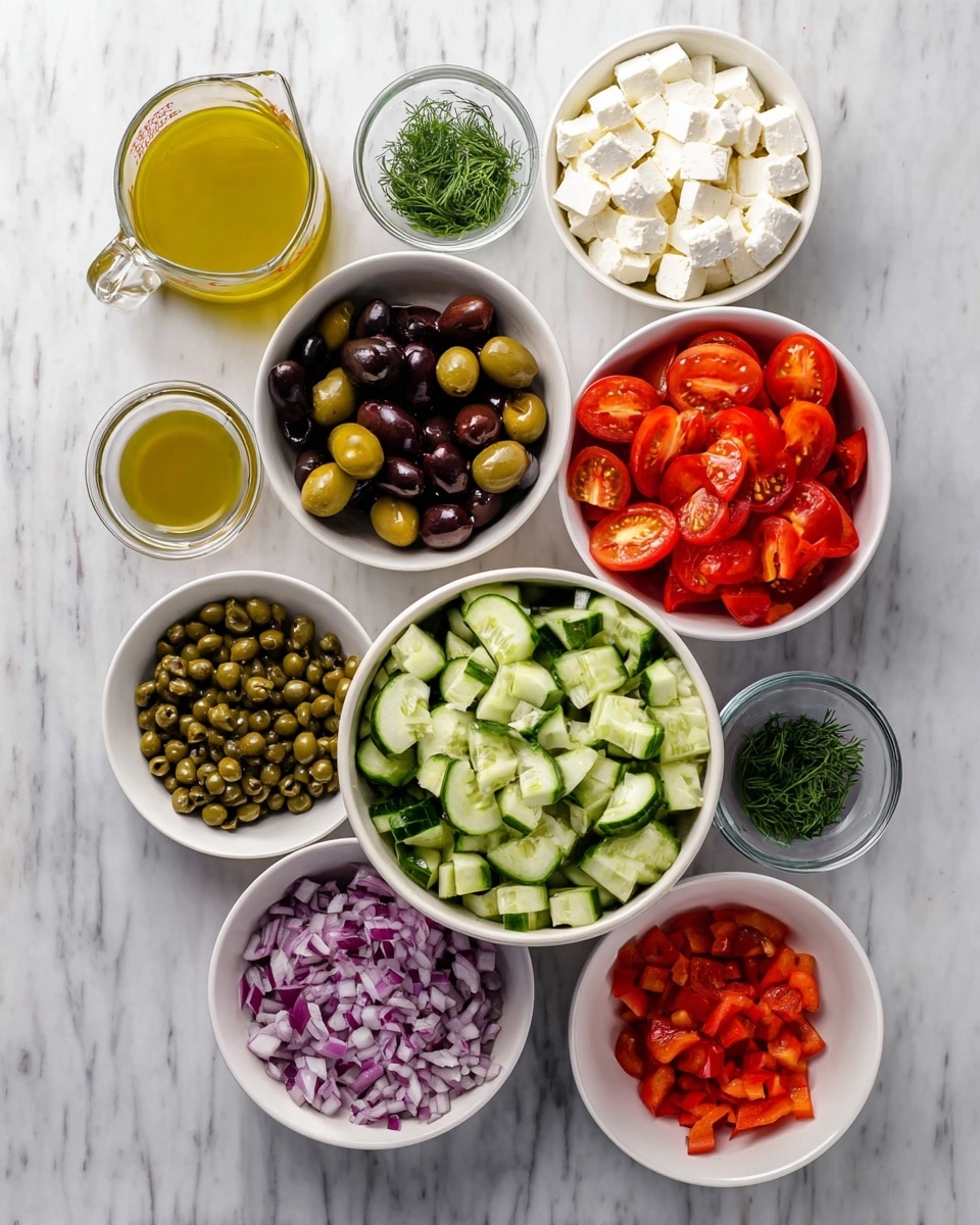 The image shows eight white bowls arranged on a white marbled surface. The largest bowl at the bottom center is filled with chopped cucumber pieces, showing green skin and pale green flesh. To the right of it is a bowl with white cubes of feta cheese. Above that is a bowl with halved dark and green olives. Above the olives bowl is a bowl filled with halved bright red cherry tomatoes. To the left of the olives are small green capers in a bowl. Below the capers is a bowl with finely chopped purple onions. Next to the onions is a bowl with diced red bell peppers. To the far left is a clear glass measuring cup filled with yellow salad dressing. At the top left is a small clear bowl with green chopped dill. The surface is clean and bright, showing a fresh, colorful mix of salad ingredients photo taken with an iphone --ar 4:5 --v 7