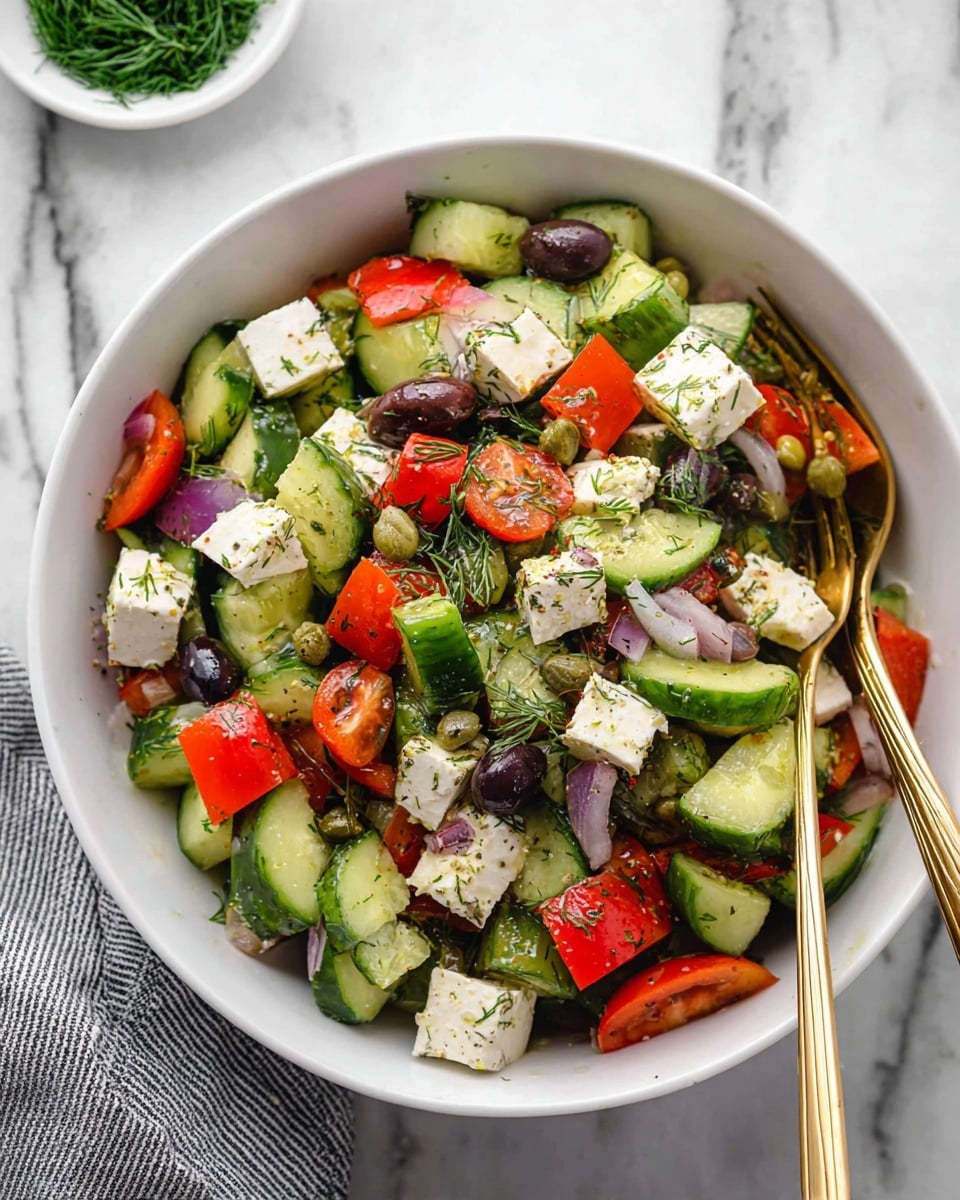 A white bowl filled with a fresh salad containing several chunky layers: bright green cucumber pieces cut into quarters, white feta cheese cubes, halved red cherry tomatoes, chopped red bell peppers, dark purple olives, and small green capers sprinkled throughout. Tiny green dill leaves are scattered on top of the salad, creating a fresh, herby texture. The salad looks lightly dressed with a glistening, oily coating. Two gold-colored forks rest inside the bowl, contrasting with the colorful ingredients. The bowl is placed on a white marbled surface with a small white bowl of fresh dill in the background, and a grey and white striped cloth partly visible at the bottom left corner. photo taken with an iphone --ar 4:5 --v 7