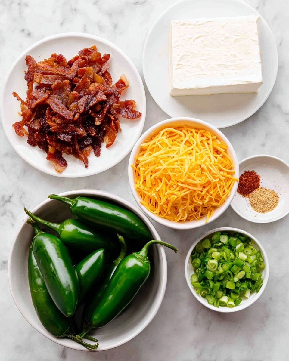 The image shows five white bowls and plates placed on a white marbled surface. The largest white bowl at the bottom holds several glossy, whole green jalapeño peppers. To its right, a medium white bowl is filled with finely shredded orange cheddar cheese. Above the cheese plate, a large white plate holds a block of white cream cheese. To the left of the cream cheese, a small white plate is filled with crispy brown bacon pieces. Above that, a small white bowl contains finely sliced bright green scallions. Next to the scallions, there is a tiny white bowl with a small amount of light brown garlic powder and red chili powder. The scene is bright and clear, with each ingredient neatly arranged and separated. photo taken with an iphone --ar 4:5 --v 7